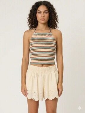 Vintage Y2K Elle Paris Striped Halter Top Open Back Stretch S (Tagged L)